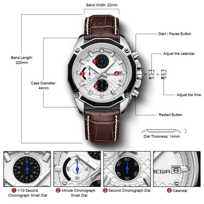 MEGIR Men's Watches Fashion Quartz Sports Large Dial Wristwatches Leather Strap Casual Waterproof Clock Chronograph Montre Homme