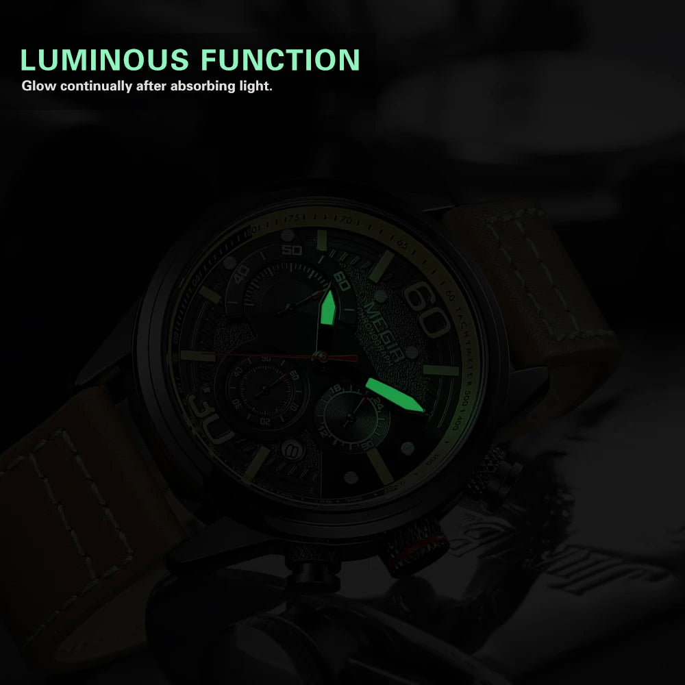 MEGIR Luxury Men Sports Watches Leather Strap Quartz Military Wrist Watch Luminous Waterproof Calendar Male Clock Montre Homme