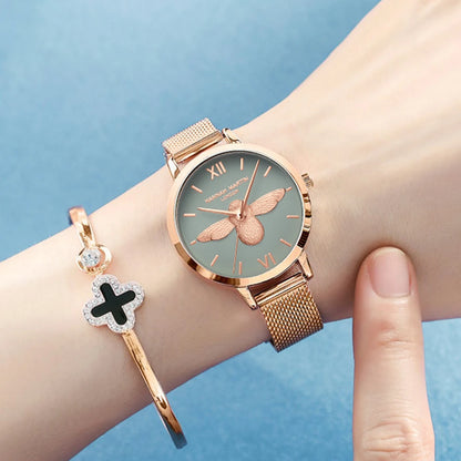 HANNAH MARTIN relojes para Mujer 3D Little Bee Dial movimiento de cuarzo japonés correa de malla de moda Reloj de Mujer pulsera Reloj de Mujer