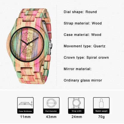 Reloj de cuarzo de madera con patrón de calavera colorido para hombres y mujeres accesorios de moda urbana de negocios reloj de madera