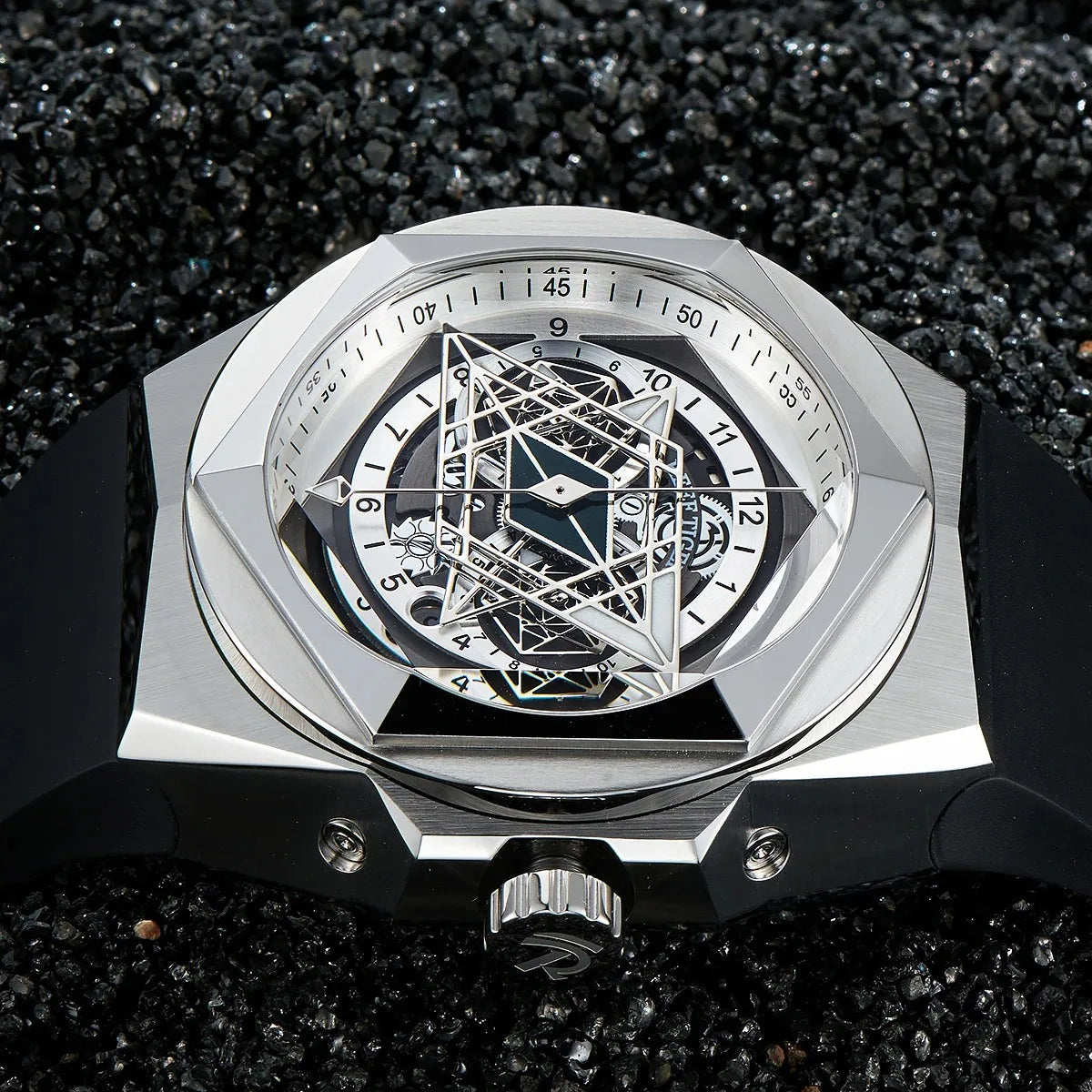 Reef Tiger Men Automatic Watch 43mm Luxury  Mechanical Wristwatch Luminous Skeleton Hexagonal Bezel Rubber Strap