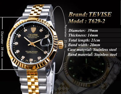 TEVISE marca de lujo diamante oro negro reloj de moda acero inoxidable reloj mecánico automático calendario regalo único para hombres