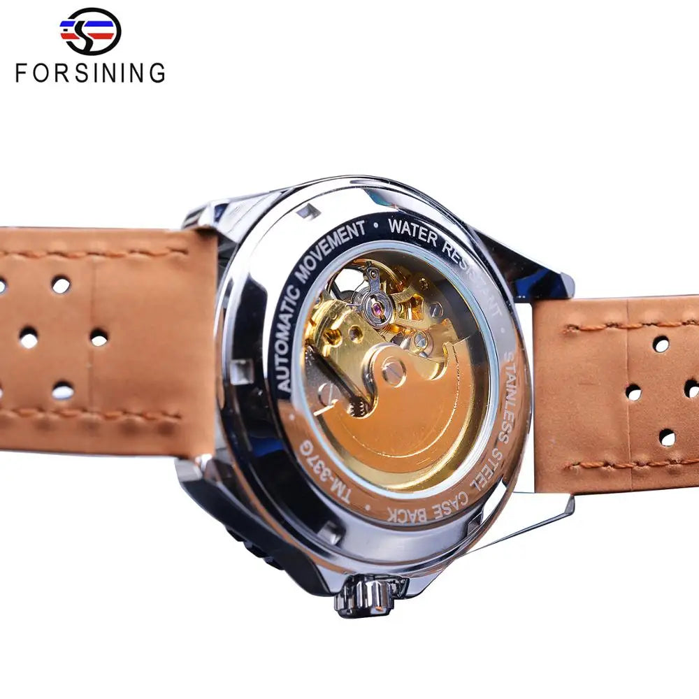 Moda Forsining marca única hombres reloj automático creativo medio azul blanco esfera hueca cuero genuino reloj mecánico Relojes