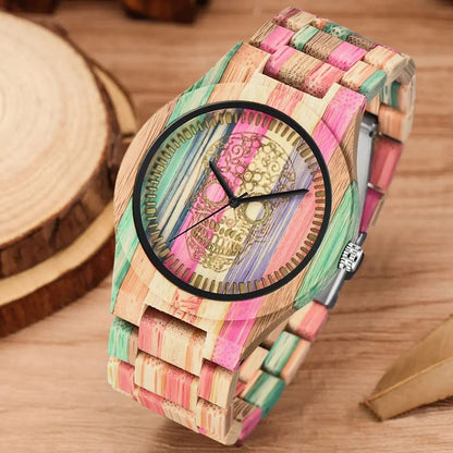 Reloj de cuarzo de madera con patrón de calavera colorido para hombres y mujeres accesorios de moda urbana de negocios reloj de madera