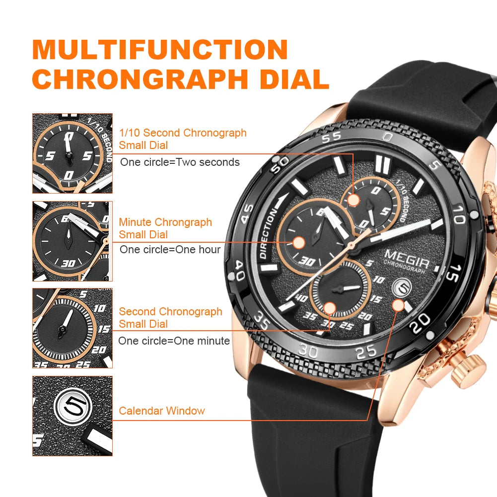 Reloj MEGIR a la moda para Hombre, Reloj de pulsera deportivo de silicona, cronógrafo de cuarzo, Esfera Grande, manecillas luminosas, Reloj con fecha para Hombre