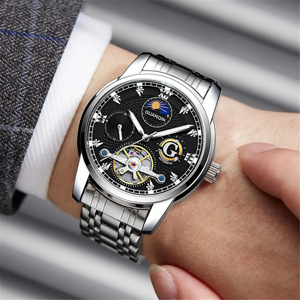 GUANQIN Tourbillon mecánico automático para hombre, reloj de pulsera resistente al agua de acero inoxidable, reloj de pulsera para hombre, reloj de fase lunar de zafiro