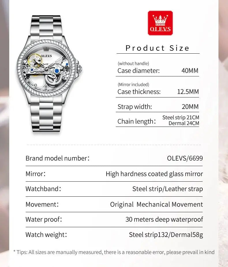 OLEVS 6699 Luxury Original Mechanical Watch For Women Hollow Skeleton Top Brand Wristwatch Waterproof Fashion Woman Watches 2024