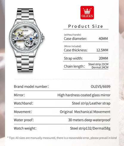 OLEVS 6699 Luxury Original Mechanical Watch For Women Hollow Skeleton Top Brand Wristwatch Waterproof Fashion Woman Watches 2024