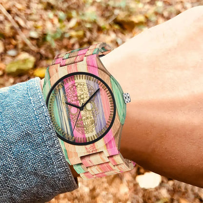 Reloj de cuarzo de madera con patrón de calavera colorido para hombres y mujeres accesorios de moda urbana de negocios reloj de madera