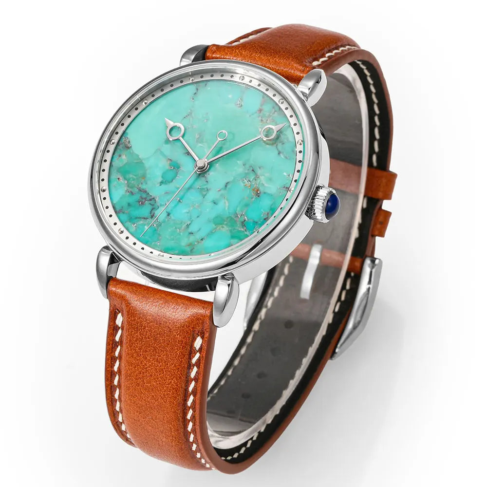 HUASUO Men's Luxury Automatic Wristwatch - Turquoise Dial, Leather Strap, Stainless Steel Case (Model S2488F)