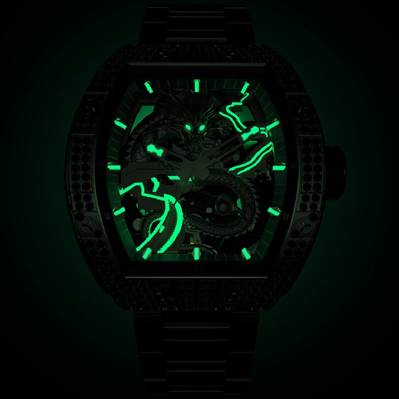 Relojes GEYA de lujo con diseño de dragón de diamantes y cristales mecánicos para hombre, resistente al agua hasta 50M, acero inoxidable plateado, luminoso, único, chino