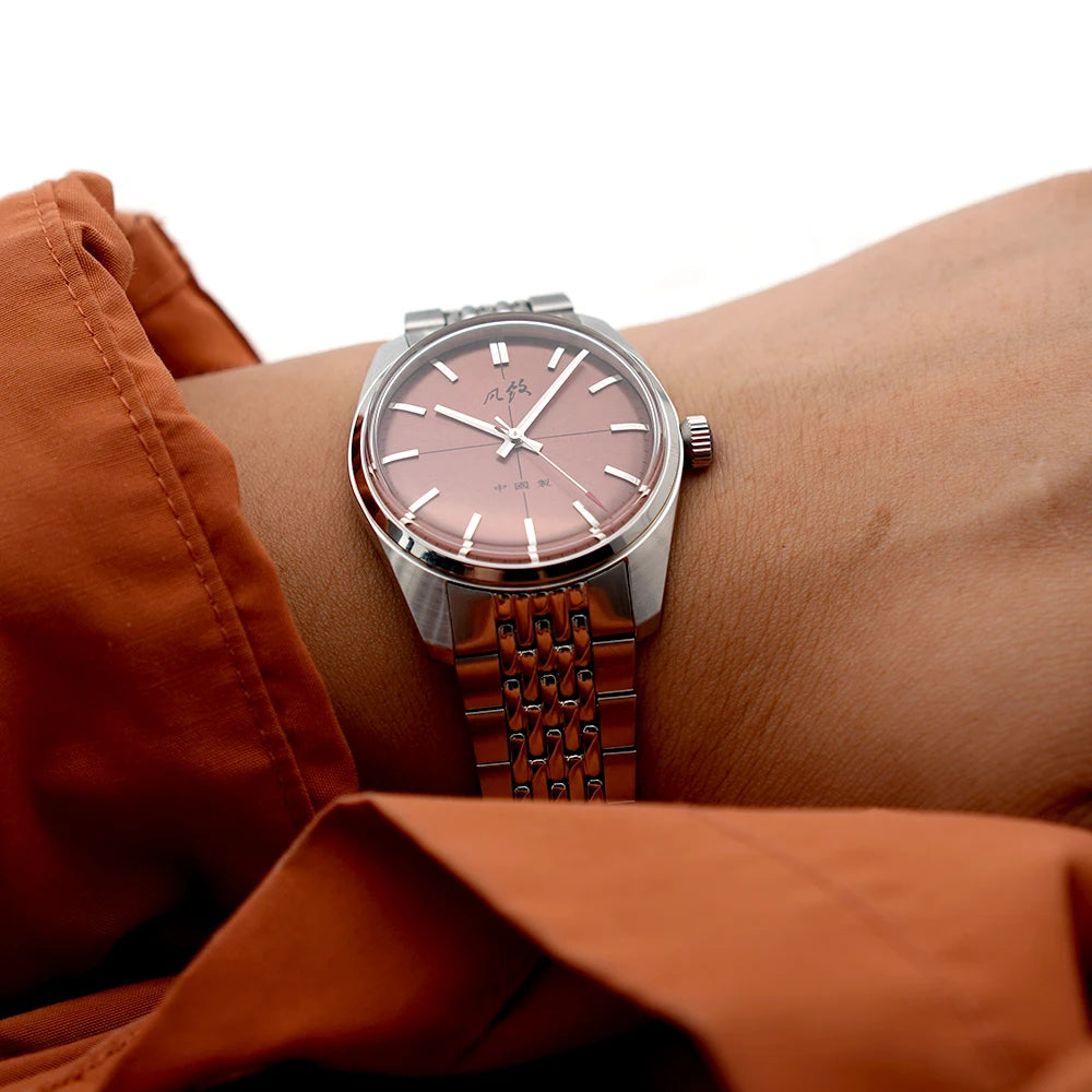 Reloj Merkur Reloj mecánico Vintage de cuerda manual para Hombre, esfera roja rosa, relojes de vestir informales, Reloj para Hombre