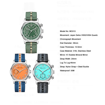 Mysterious Code Men Chronograph Watch 38MM Luxury Quartz Watches Panda Wristwatch K1 Mirror 50M Waterproof VK63 VK64 Nylon Strap