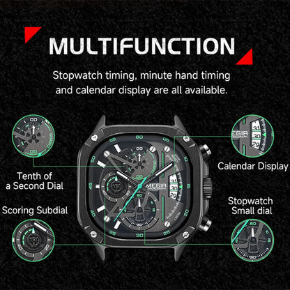 MEGIR Green Canvas Band Men‘s Quartz Sports Watches Waterproof Clock Chronograph Luminous Hands Large Dial Wristwatch for Men