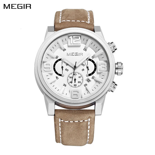 Relojes MEGIR de cuarzo a la moda con esfera grande de 48mm, reloj de pulsera deportivo de cuero de lujo para hombre, reloj con calendario resistente al agua, cronógrafo