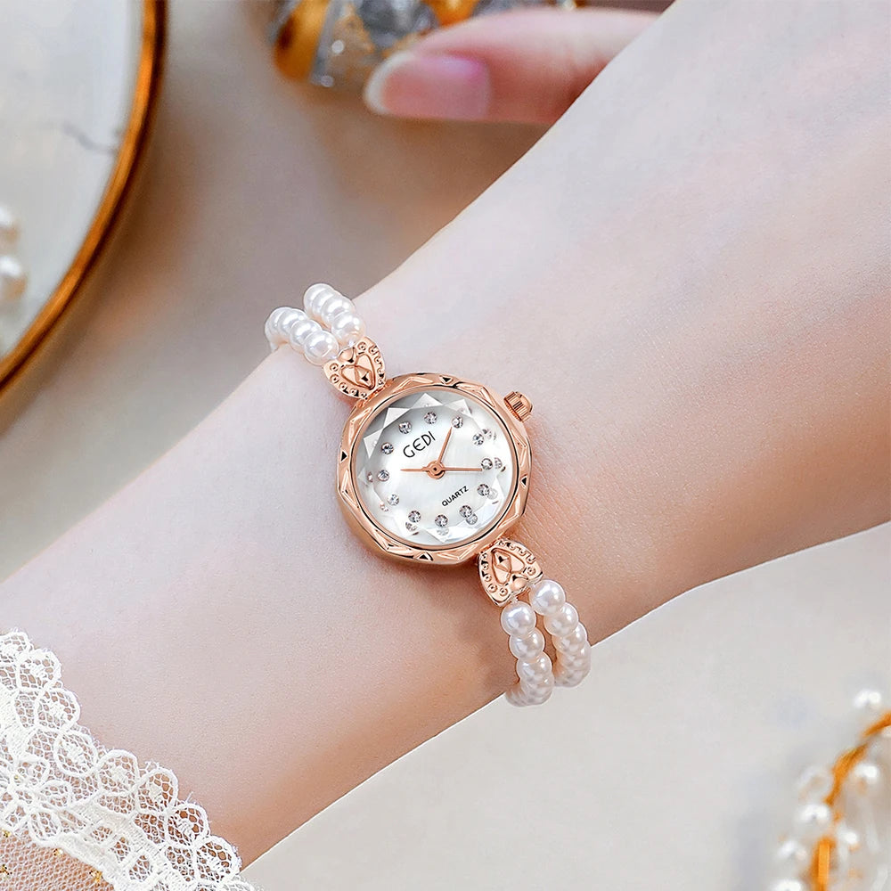 Pulsera de perlas blancas, reloj de cuarzo para mujer, reloj de pulsera elegante a la moda para mujer, relojes femeninos, regalo femenino