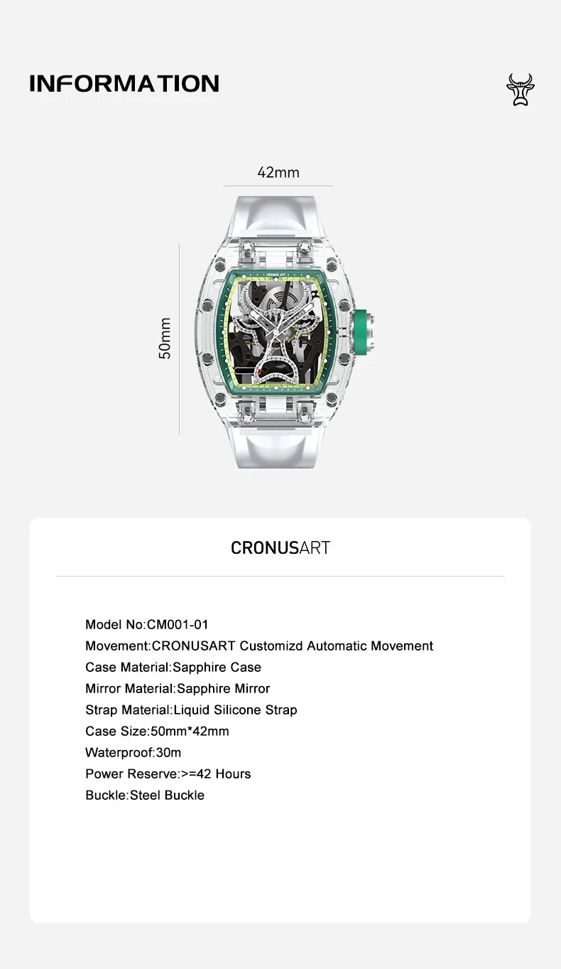 CRONUSART Men Automatic Watch 50mmTonneau Sapphire Case Mechanical Wristwatch Luminous Liquid Silicone Strap Skeleton Bull Dial