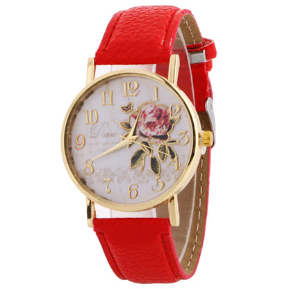 Reloj de pulsera de cuarzo con flor rosa y diámetro redondo para mujer, relojes elegantes con banda de piel sintética, número árabe, regalo de Navidad