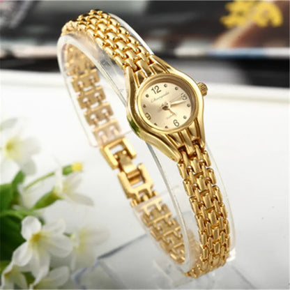 Reloj de pulsera dorado para mujer, esfera pequeña, reloj de pulsera de lujo para mujer, reloj de cuarzo elegante de acero para mujer, regalo de moda, reloj para mujer