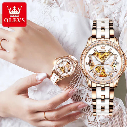 OLEVS 6622 Waterproof Ceramic Strap Women Wristwatches, Fashion Luxury Automatic Mechanical Watch For Women