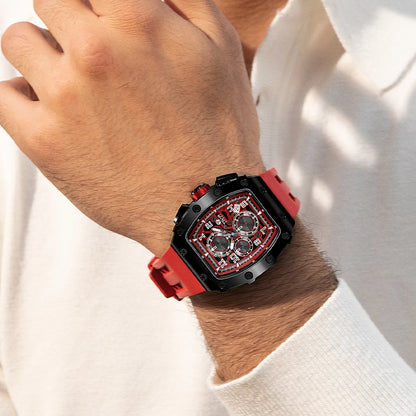 Relojes TSAR BOMBA Tonneau para hombre, reloj de pulsera rojo con cristal de zafiro, cronógrafo resistente al agua, reloj con fecha, regalo de Navidad de lujo para hombres