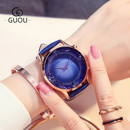 Fashion Guou Hk Top Brand Womens Watches Luxury Big Dial Quartz Genuine Leather Strap Waterproof Casual Gift Clock Reloj Hombr
