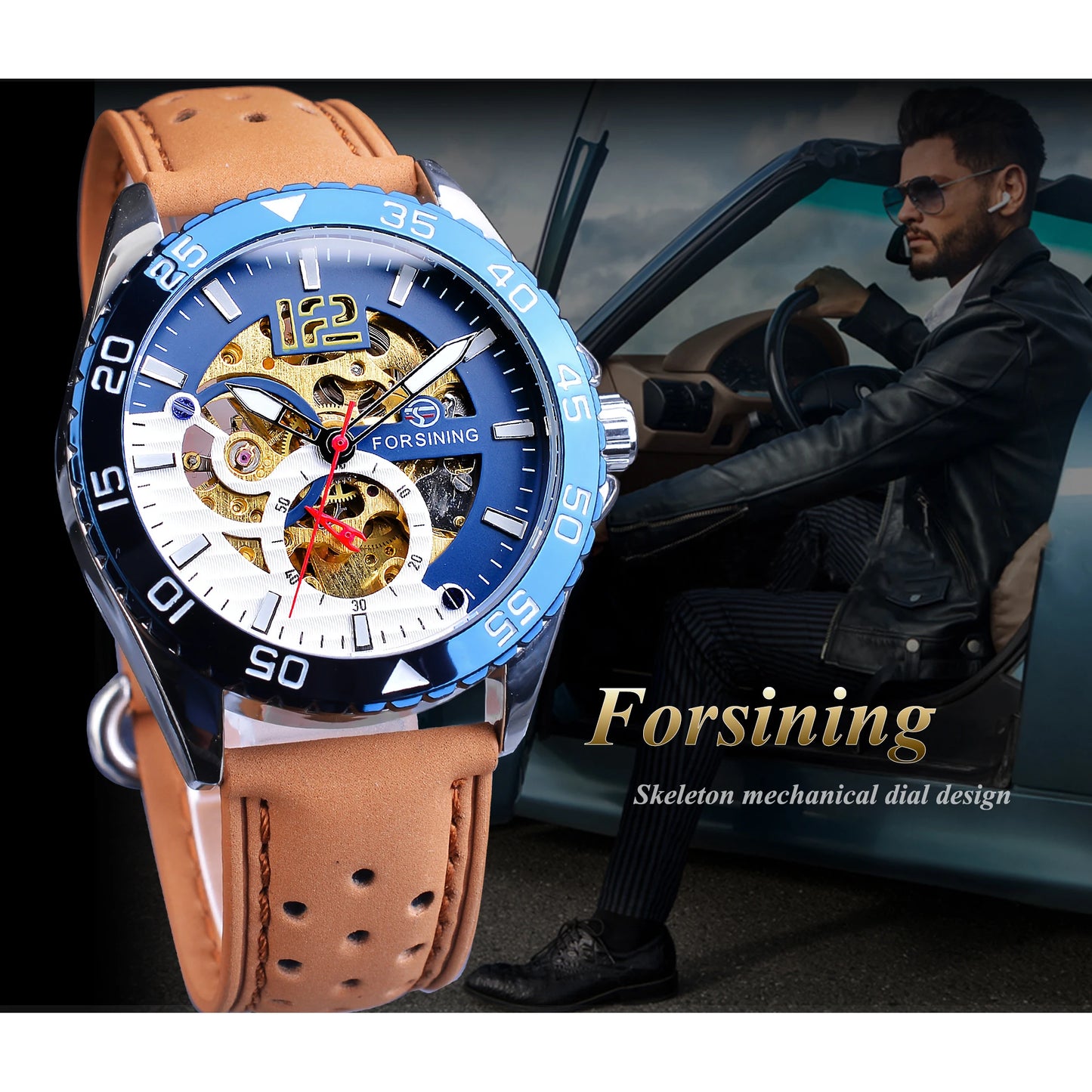 Moda Forsining marca única hombres reloj automático creativo medio azul blanco esfera hueca cuero genuino reloj mecánico Relojes