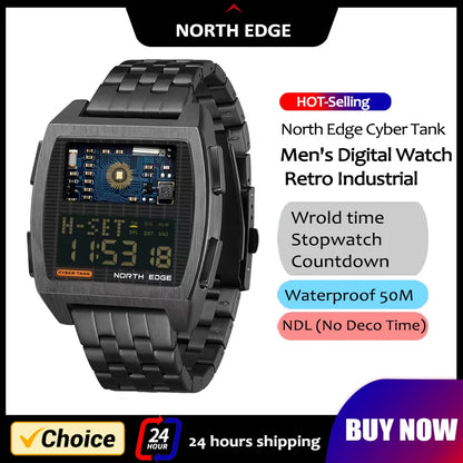 NORTH EDGE Nuevo reloj digital para hombre Estilo industrial retro Reloj deportivo con cuerpo metálico resistente al agua 50 M Cyber ​​Tank Reloj inteligente para hombre