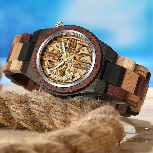 Top Brand Luxury Mens Watches Round Automatic Watch for Men Fashion Wood Clock Adjustable Wooden Braacelet Mechanical Wristwatch