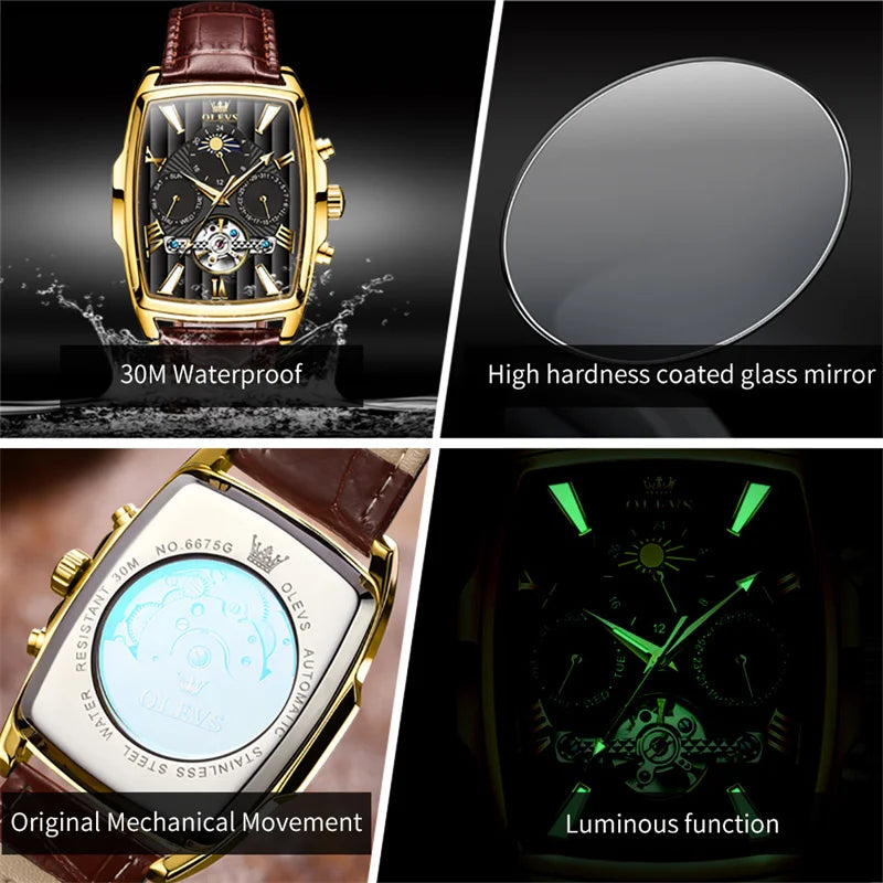 OLEVS Luxury Rectangular Dial Mechanical Watches Waterproof Leather Automatic Luminous Watch Business Men relogios masculino