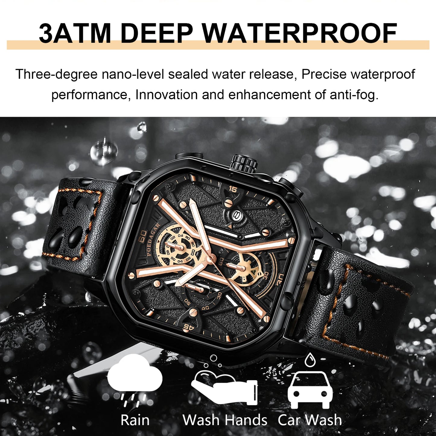 POEDAGAR, relojes de pulsera a la moda para hombre, cronógrafo de lujo luminoso, resistente al agua, reloj con fecha para hombre, esfera cuadrada, relojes de cuarzo de cuero para hombre