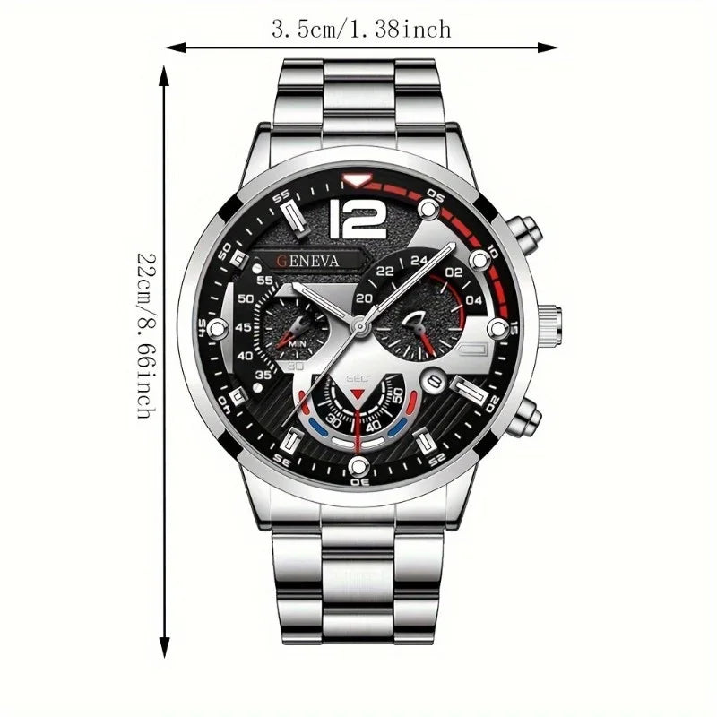 "Zinc Alloy" Elegant Men'S Stainless Steel Quartz Watch With Calendar & Luminous Hands - Business Casual Style