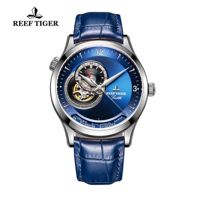 Reef Tiger/RT reloj automático informal de marca superior para hombre, correa de cuero mecánica, esfera negra y dorada rosa, reloj RGA1693