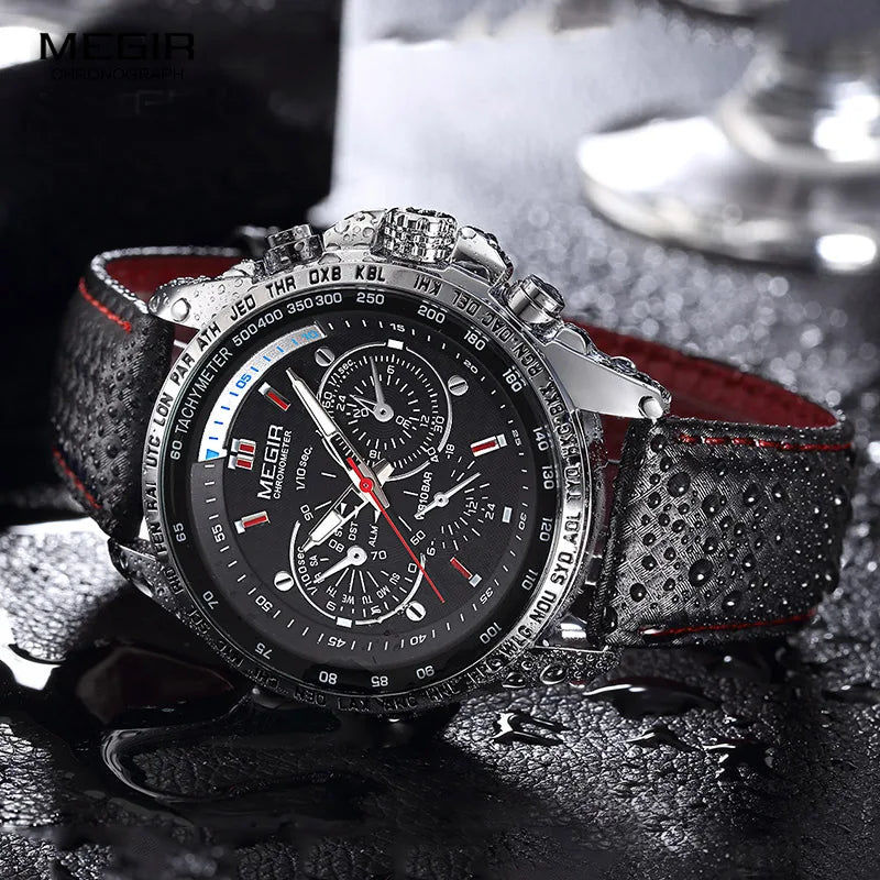 Megir Top Brand Sport Mens Watches Luxury Quartz Men Watch Fashion Casual Black Pu Strap Clock Big Dial Erkek Saat 1010