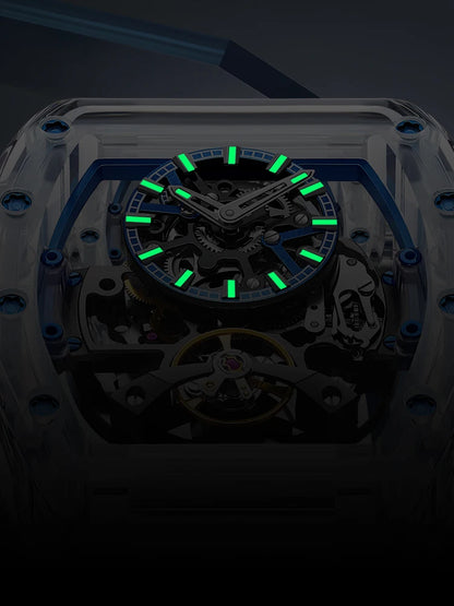 BONEST GATTI Men Automatic Watch Tonneau Mechanical Wristwatch Crystal Case Waterproof Sapphire Luminous Fluororubber Strap