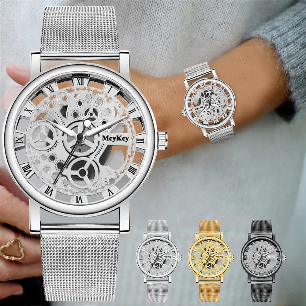 New Fashion Women Hollow Skeleton Faux Mechanical Watch Ladies Stainless Steel Quartz Wrist Watches For Female Relogio Feminino