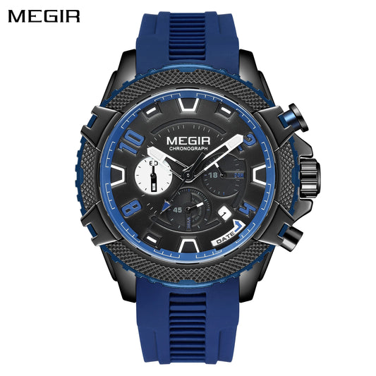 Relojes de pulsera deportivos militares de moda con cronógrafo MEGIR, relojes de cuarzo de Esfera Grande para hombres, regalo, correa de silicona, reloj con fecha automática