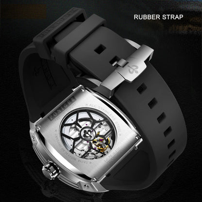 PONIGER Men Automatic Watch 46mm Luxury Tonneau Mechanical Wristwatch Sapphire Luminous Skeleton Dial Rubber Strap