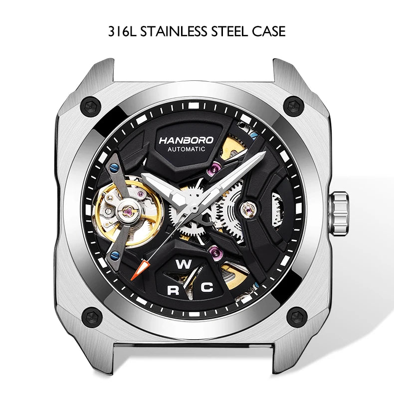 HANBORO Men Luxury Watch 42MM Automatic Watches Mechanical Wristwatch Fashion 50M Waterproof Luminous Skeleton Dial Rubber Strap