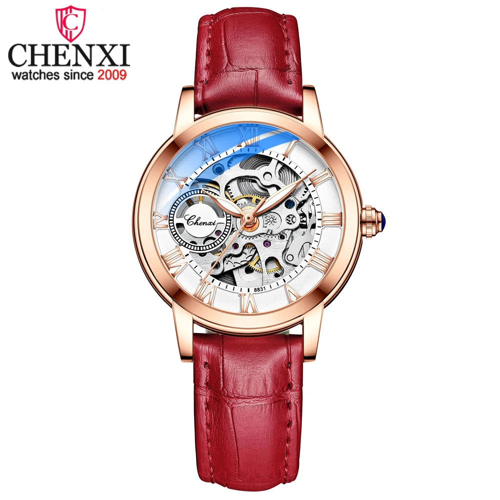 CHENXI Women Automatic Mechanical Watch Top Brand Luxury Stainless Steel Waterproof Wrist Watch Ladies Skeleton Tourbillon Clock