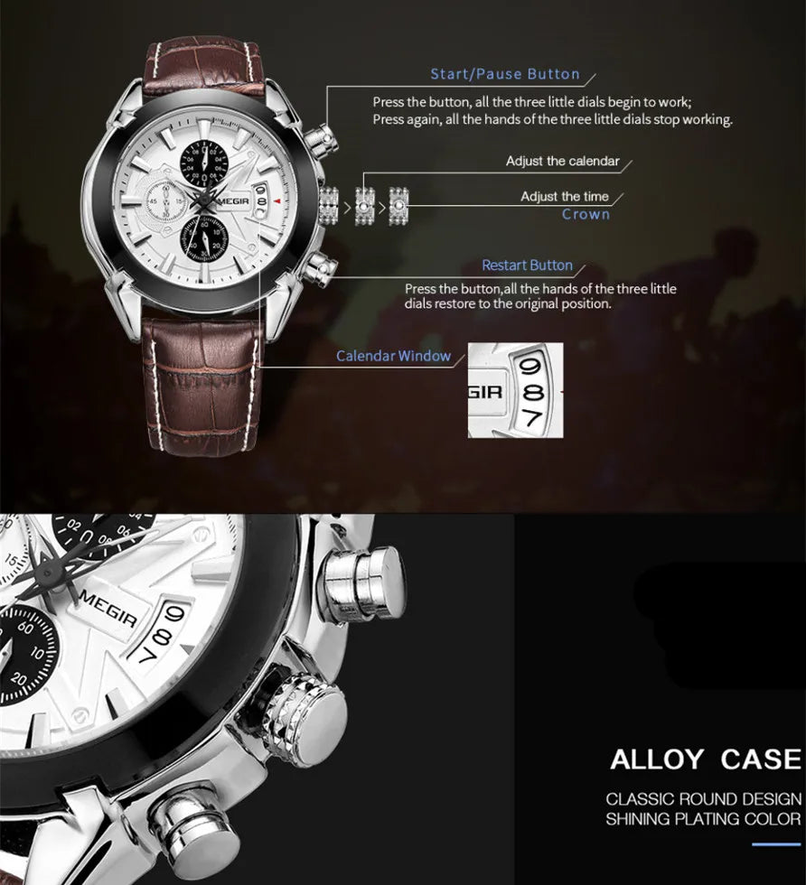 Relojes MEGIR masculinos de lujo a la moda para hombre, relojes deportivos resistentes al agua con cronógrafo de cuarzo, reloj de pulsera informal de cuero para hombre