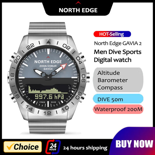 NORTH EDGE Reloj de buceo para hombre Ejército militar Reloj inteligente de lujo de acero completo Brújula Altímetro Barómetro Reloj digital resistente al agua 200 m