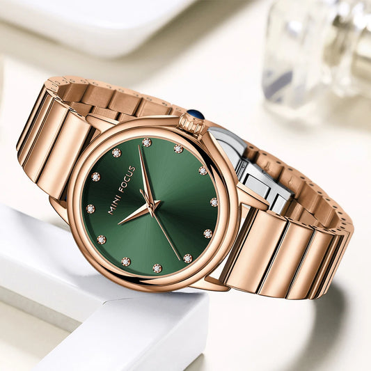 MINI FOCUS Women Quartz Watch with Green Dial Rose Gold Stainless Steel Strap Waterproof Analog Wristwatch with Crystal 0493