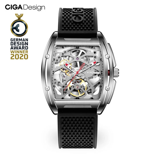 Reloj mecánico automático CIGA Design serie Z con esqueleto para hombre, caja de acero inoxidable, cristal de zafiro, cuero de silicona, dos correas