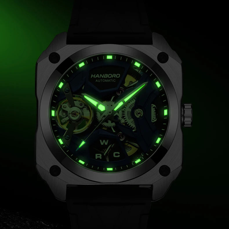 HANBORO Men Luxury Watch 42MM Automatic Watches Mechanical Wristwatch Fashion 50M Waterproof Luminous Skeleton Dial Rubber Strap