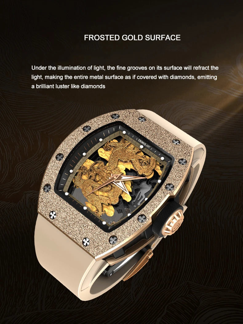 CRONUSART Men Automatic Watch Luxury Tonneau Mechanical Wristwatch Carbon Steel Case Luminou Fluororubber Strap Gold Dragon Dial