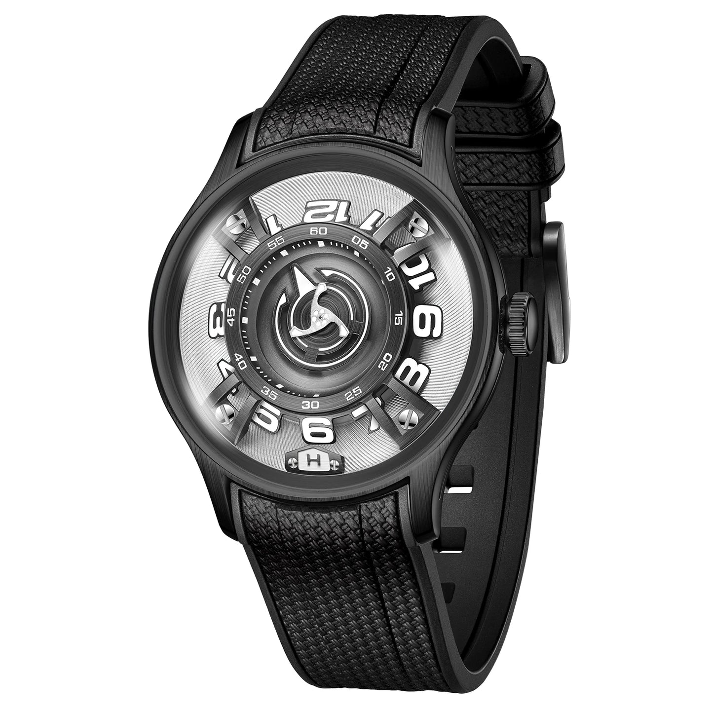 OBLVLO todo negro acero curvatura motor Star Ship reloj automático hombres superluminoso luz nocturna azul relojes automáticos Behrens