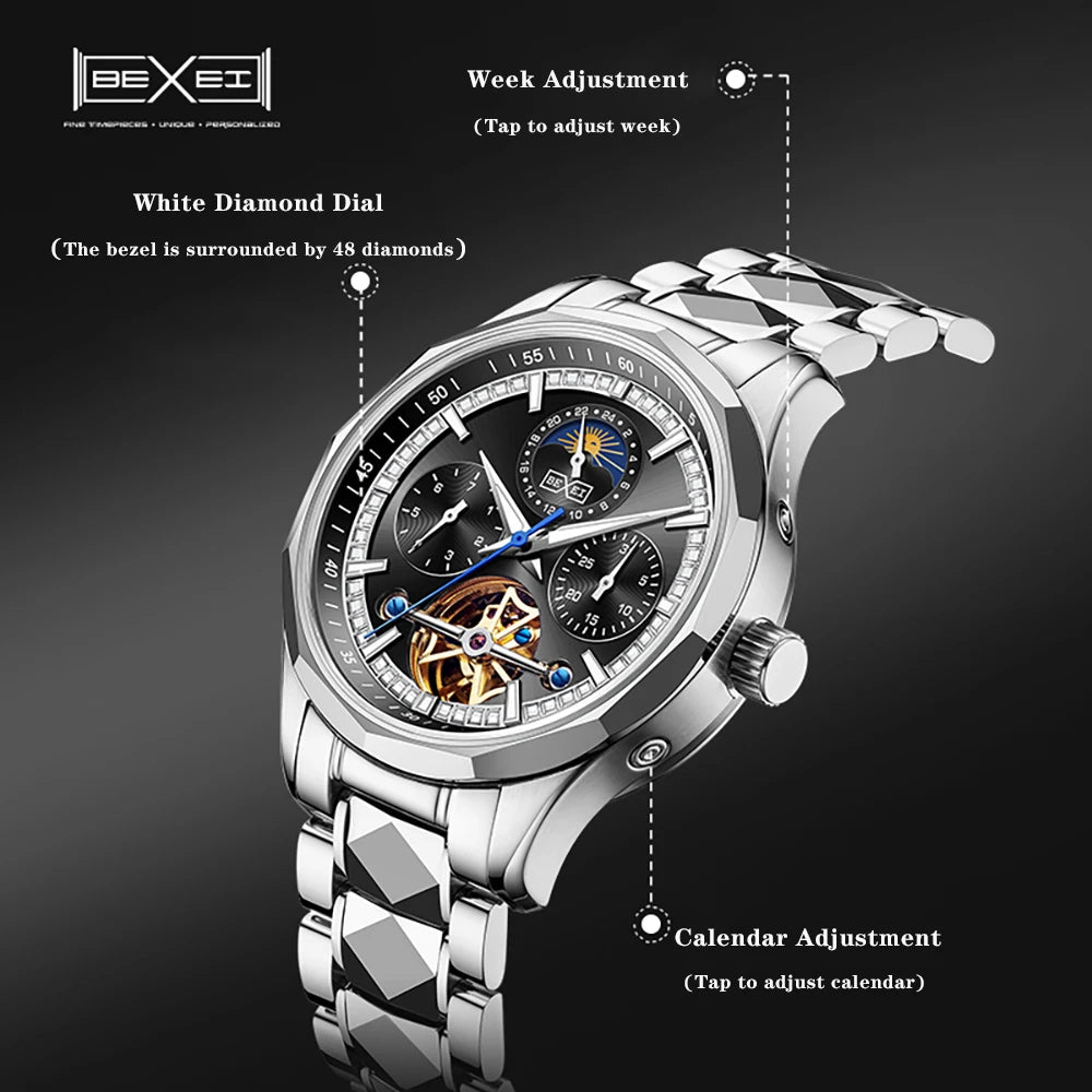 BEXEI 9133 Bermuda series mechanical watch for men tungsten steel inset white diamond fashion sapphire luminous business watch