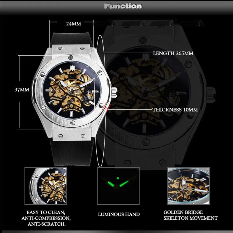 Fashion Forsining Top Brand Luxury Men's Casual Hollow Frame Fully Silicon Automatic Skeleton Mechanical Wrist Watches