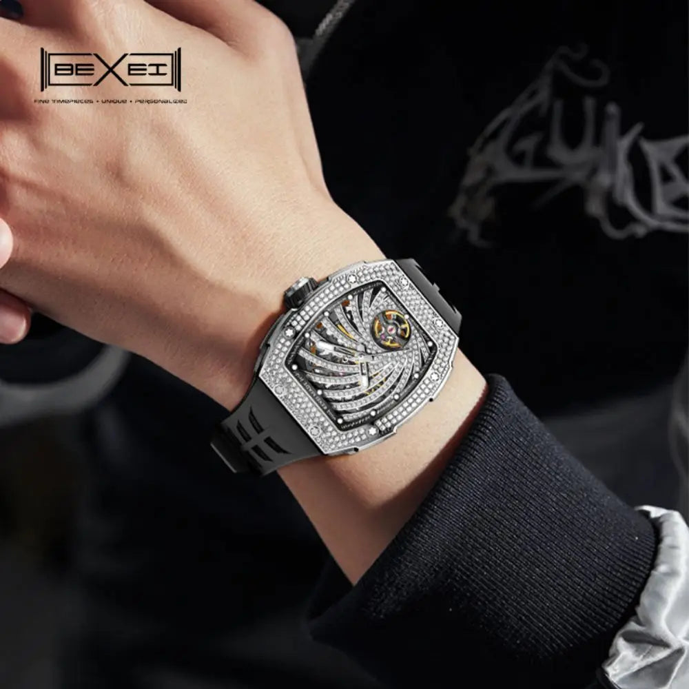 BEXEI 9165 Inlaid zircon Automatic Mechanical watches for men Luxury 80 Hours Power Barrel shaped Sapphire Luminous waterproof